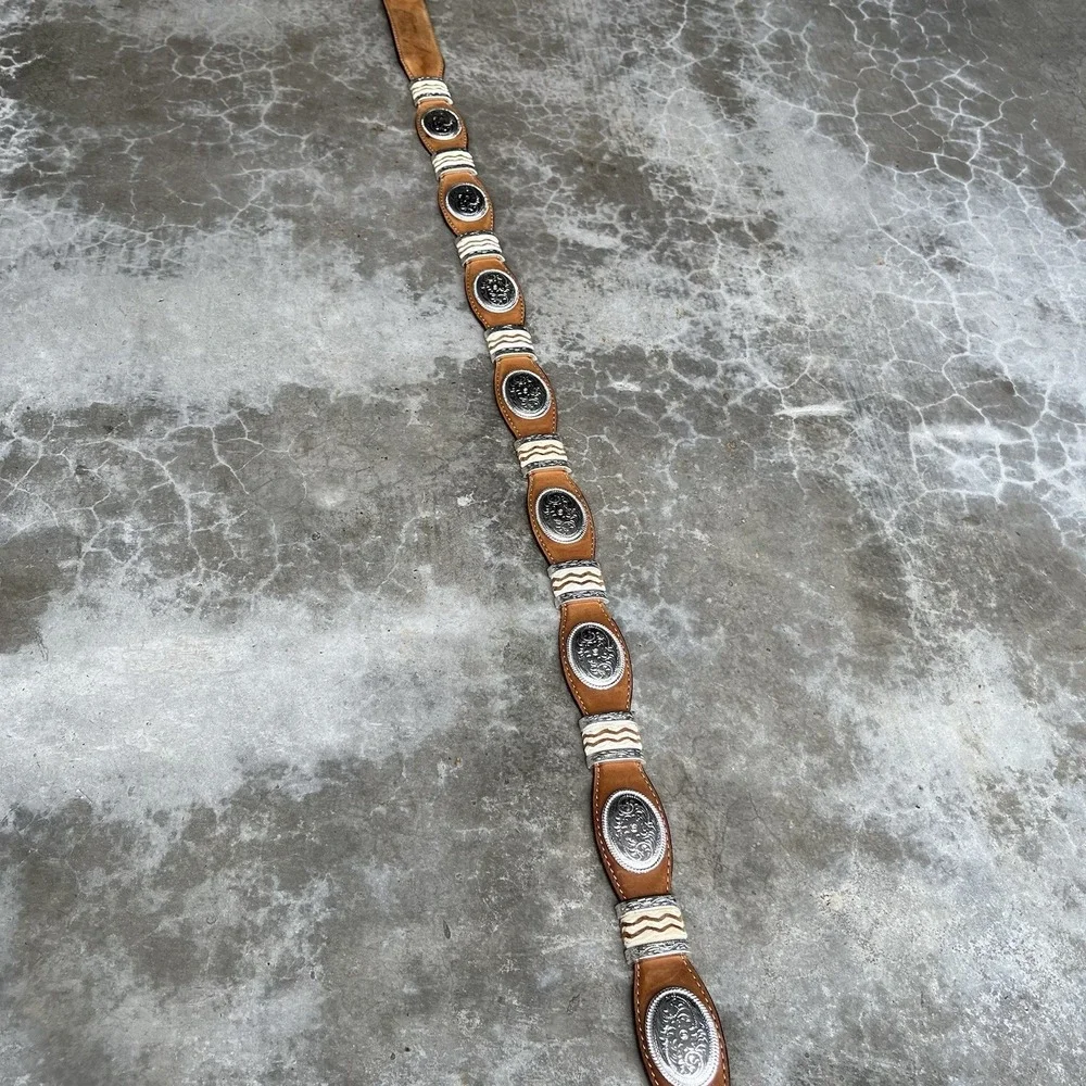True Vintage Tony Lama Brown Leather Belt Studded Silver Size 44